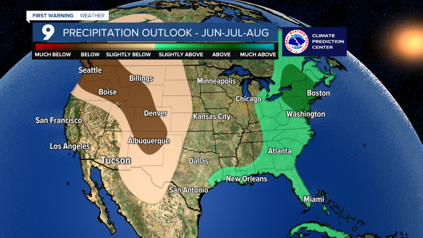 Precipitation outlook for June, July and August, according to the Climate Prediction Center.