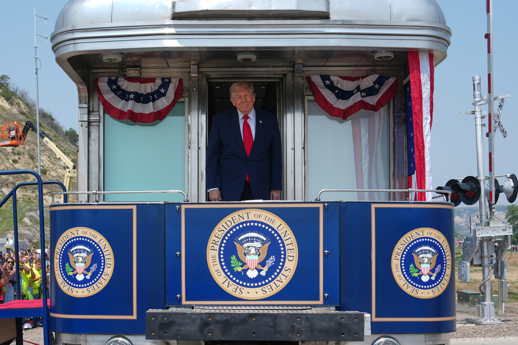 President Donald Trump arrives on the Freedom 250 train, Wednesday, July 1, 2026, in Medora, N.D., for the opening of the Theodore Roosevelt Presidential Library. 