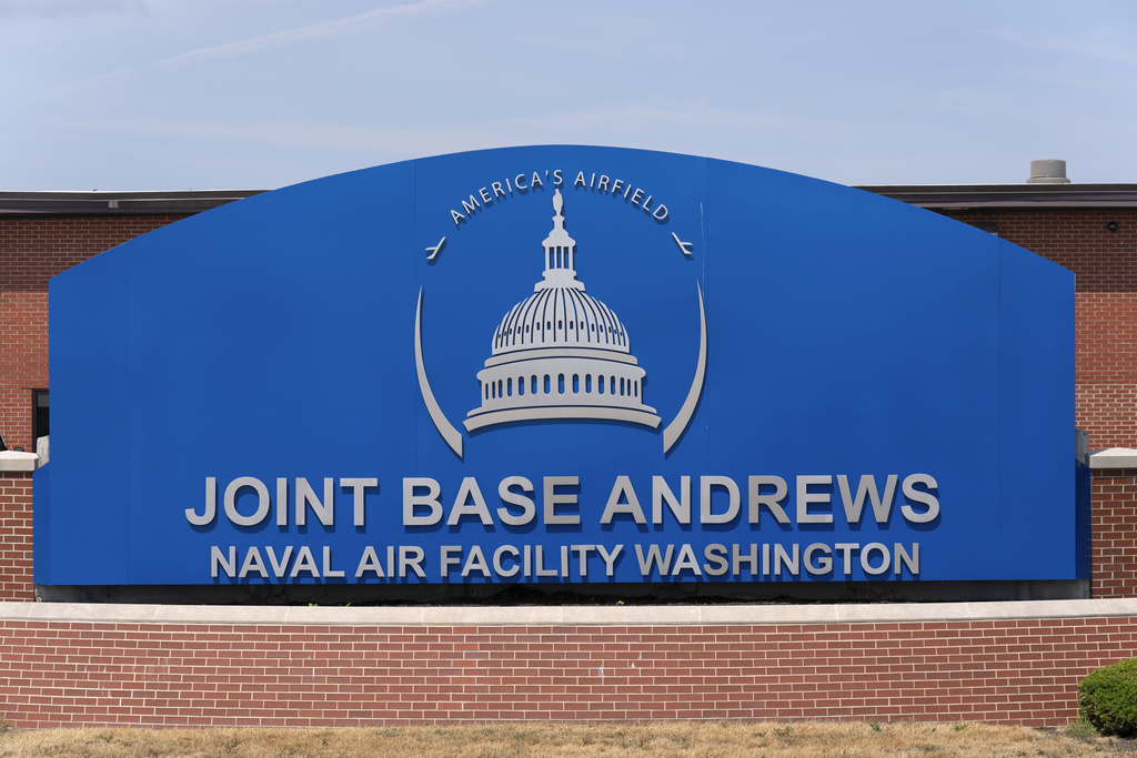 The sign for Joint Base Andrews signs is seen during the NATO leaders arrival Tuesday, July 9, 2024, at Andrews Air Force Base, Md. 