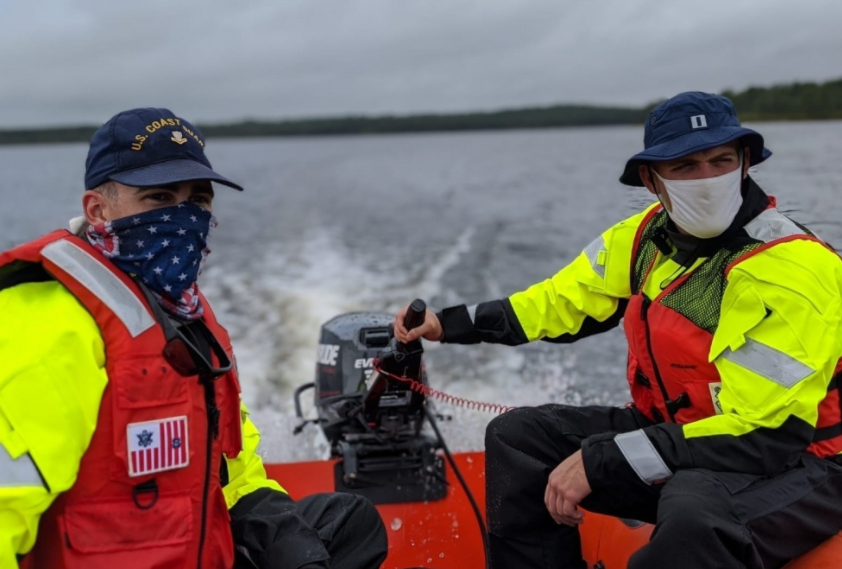 Petty Officer 2nd Class Tyler Vance, a boatswain’s mate with Coast Guard Maritime Safety and Security Team New Orleans, and Lt. Tim Dion, also with MSST New Orleans, conduct training in preparation for response operations during Hurricane Laura, near Mobile, Alabama, August 25, 2020. The units are qualified to conduct search-and-rescue operations as well as port security. (U.S. Coast Guard photo by Lt. Nick Haas)