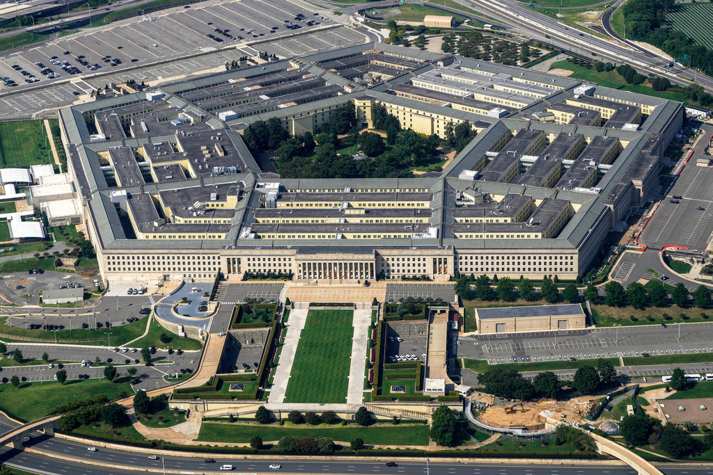 The Pentagon is viewed from the window of an airplane.