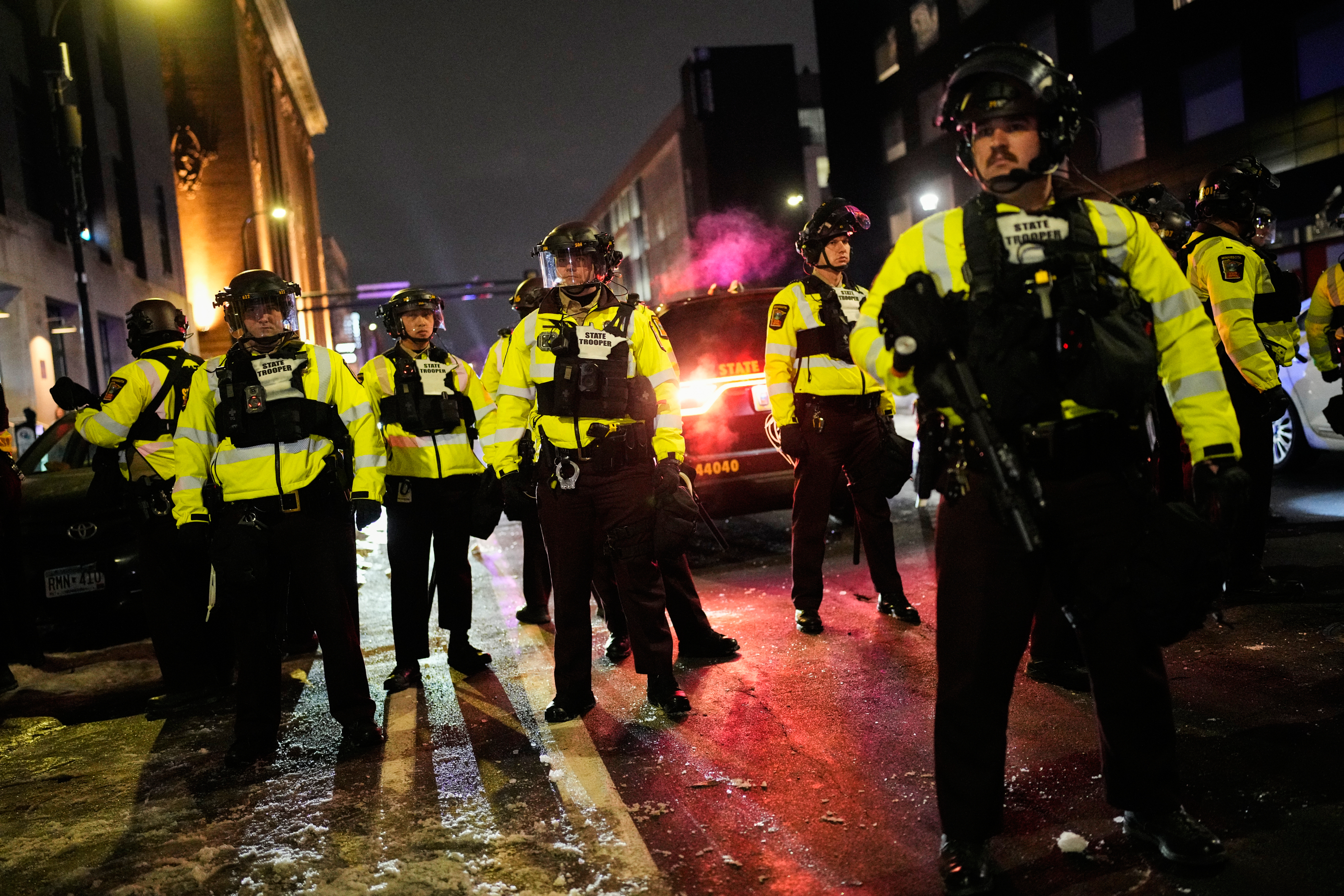 Minnesota State Patrol officers are seen during a protest and noise demonstration calling for an end to federal immigration enforcement operations in the city, Friday, Jan. 9, 2026, in Minneapolis. 