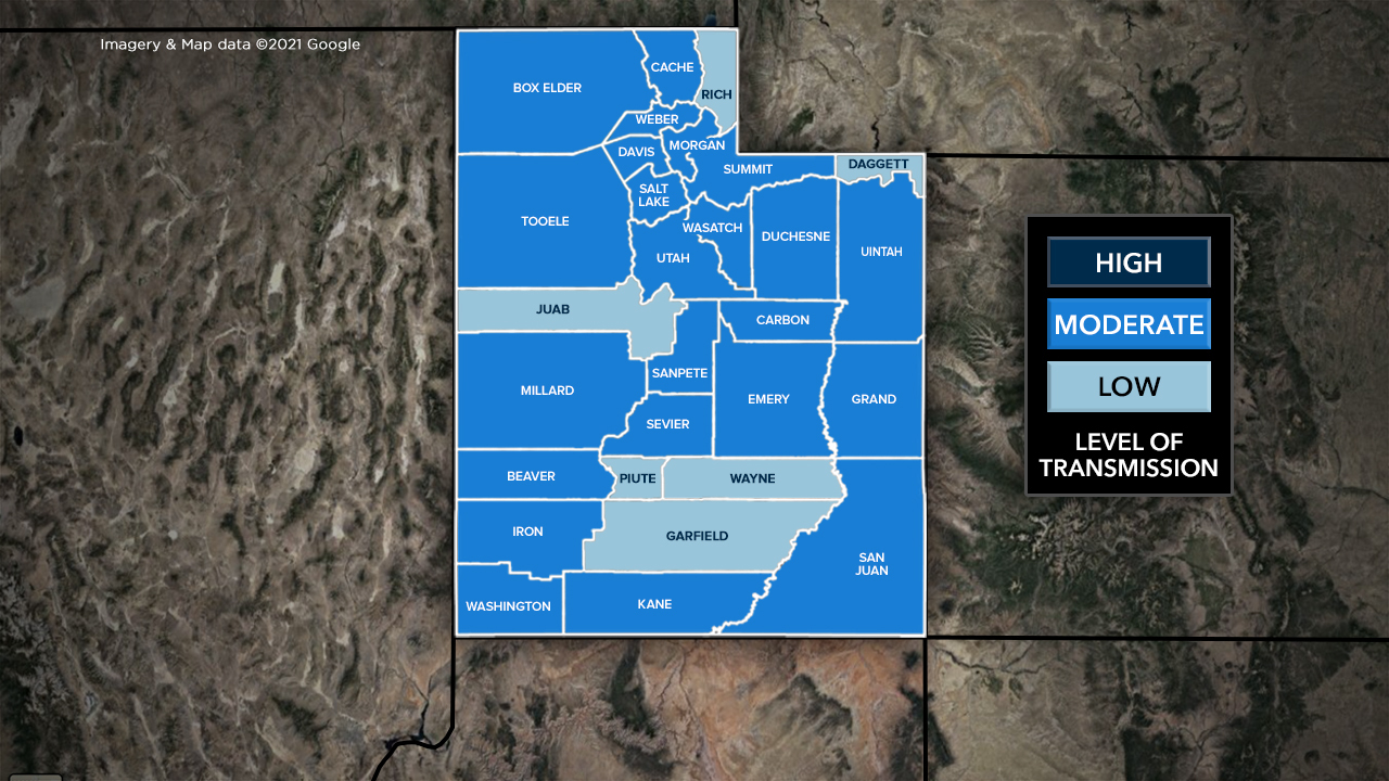 Utah COVID transmission map 4/1/21