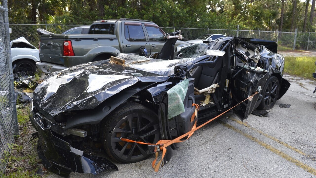 This Tesla Model S Plaid was involved in a crash that killed two people in 2021 after it hit a house at speeds of more than 100 mph. 