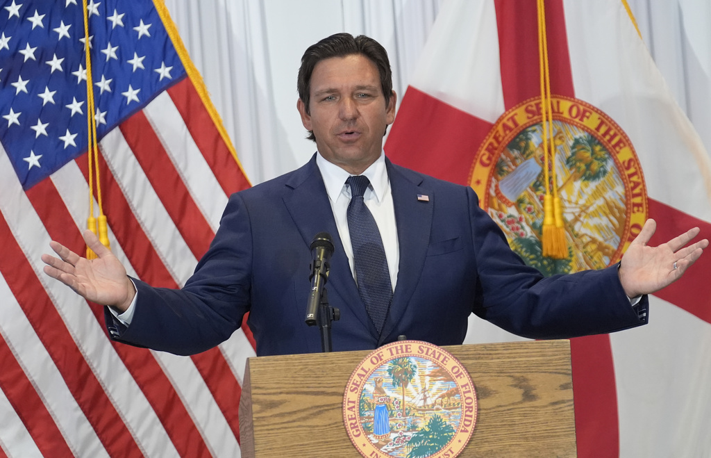Florida Gov. Ron DeSantis during a news conference Tuesday, Aug. 12, 2025, in Tampa, Fla. 
