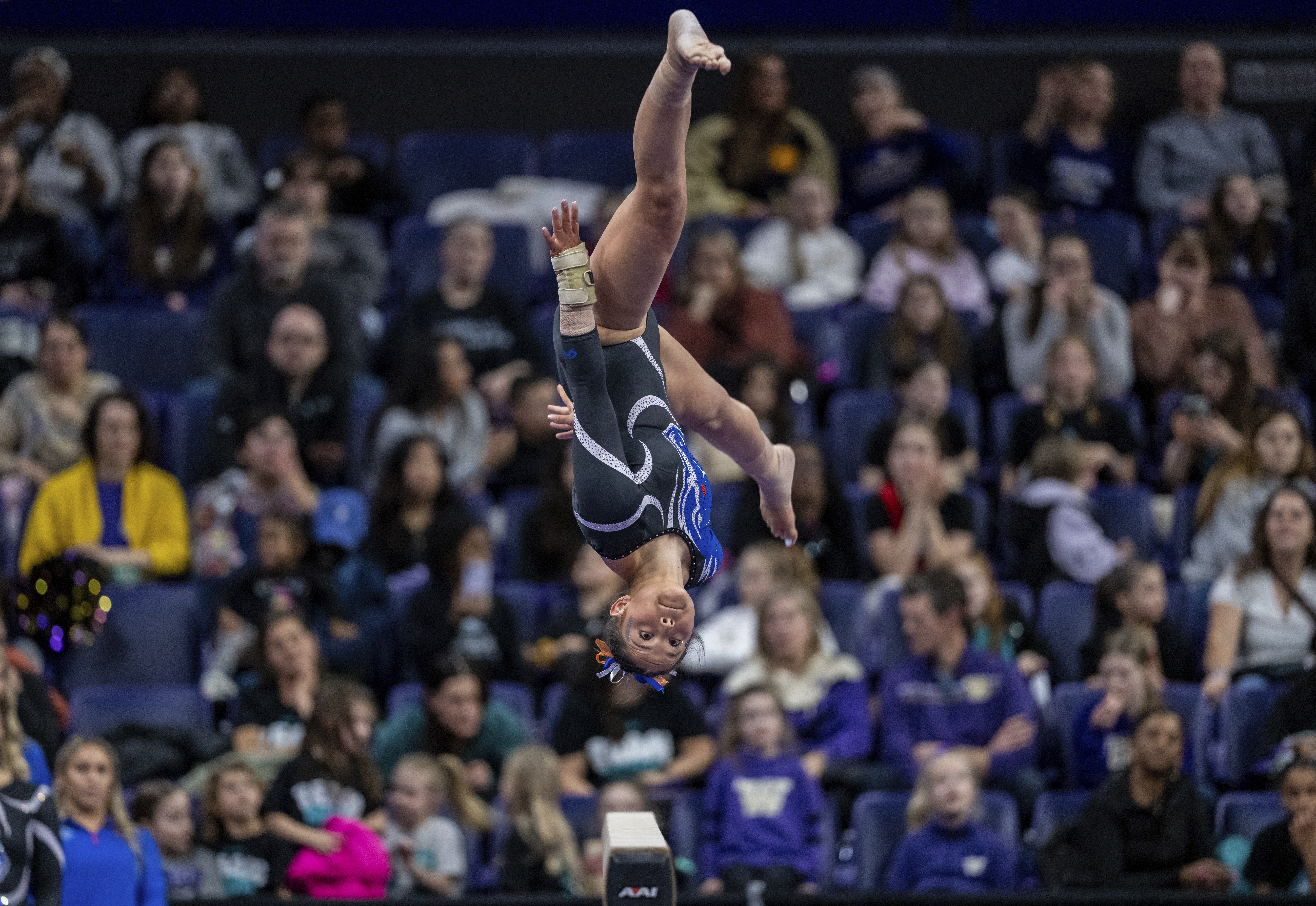 Boise State's Dani Nakayama competes on the balance beam during an NCAA gymnastics meet on Friday