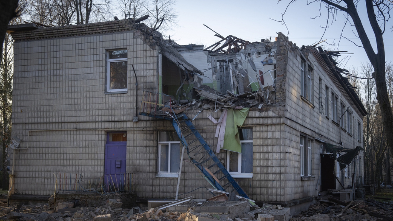 A damaged kindergarten following a Russian drone attack in Kyiv, Ukraine, Saturday, Nov. 25, 2023.