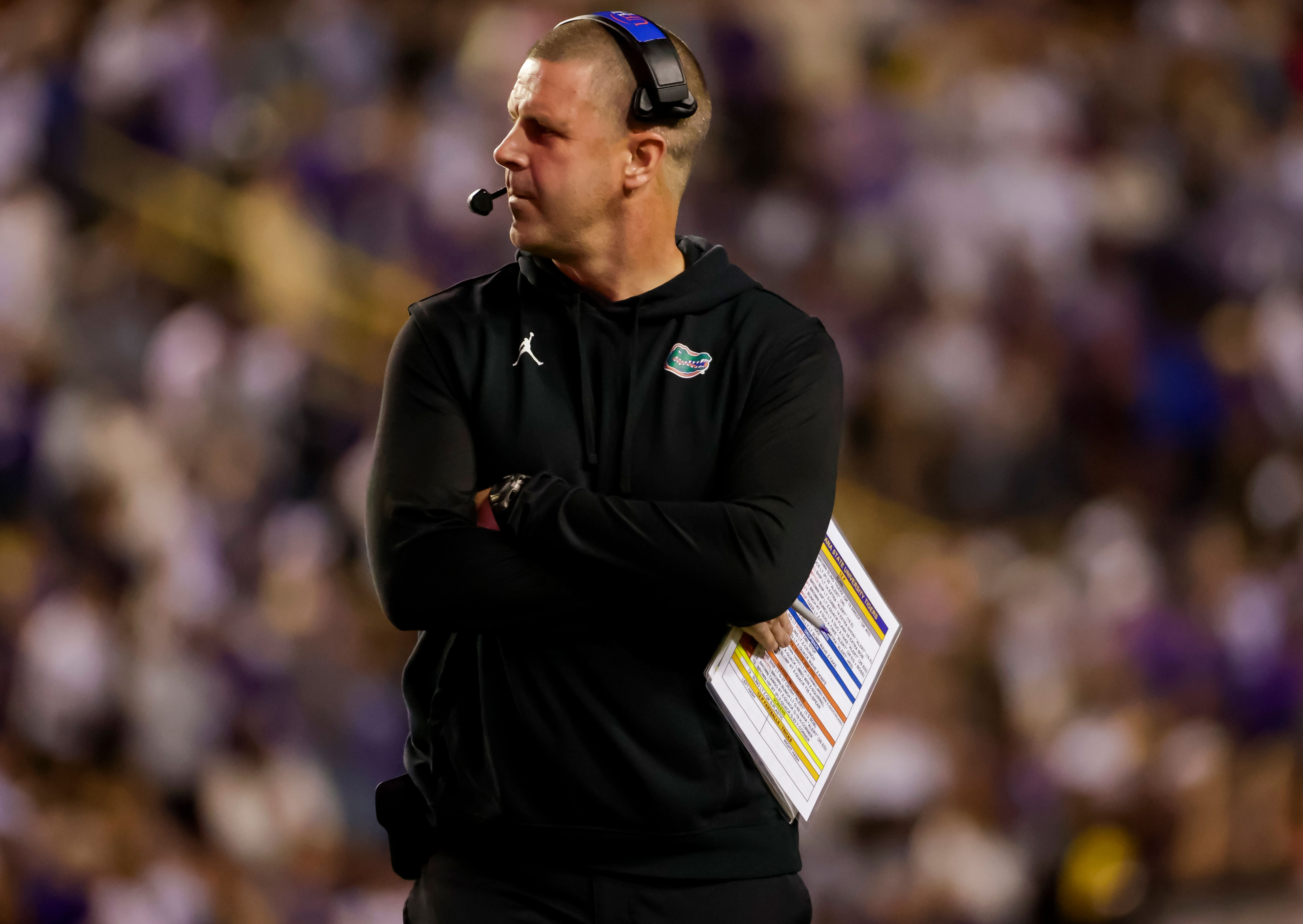 Florida Gators head coach Billy Napier stands on sideline during first half at LSU Tigers, Nov. 11, 2023