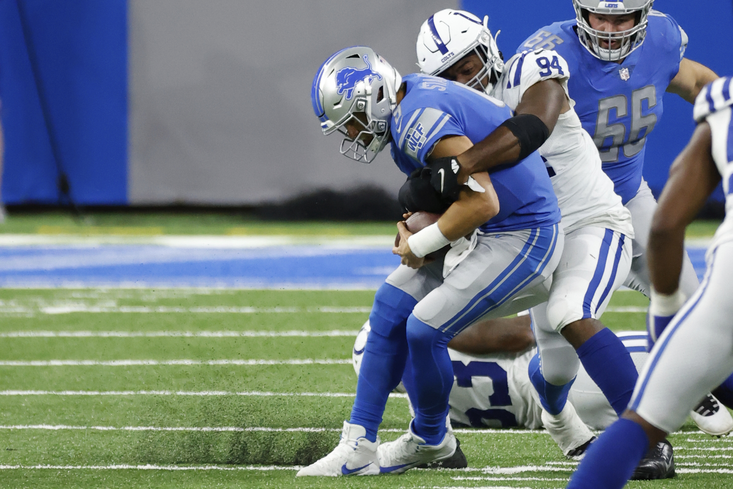Colts Lions Football Matthew Stafford sacked