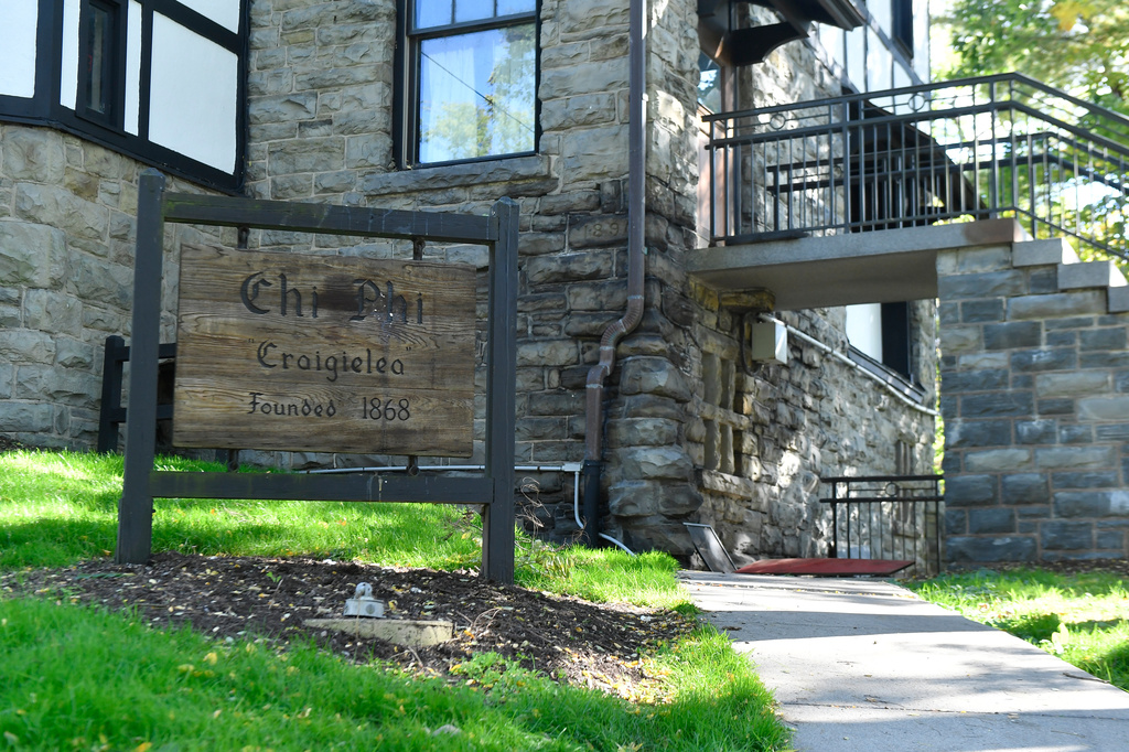 A sign stands outside the Chi Phi fraternity house at Cornell University, Monday, Oct. 5, 2026, in Ithaca, N.Y. 