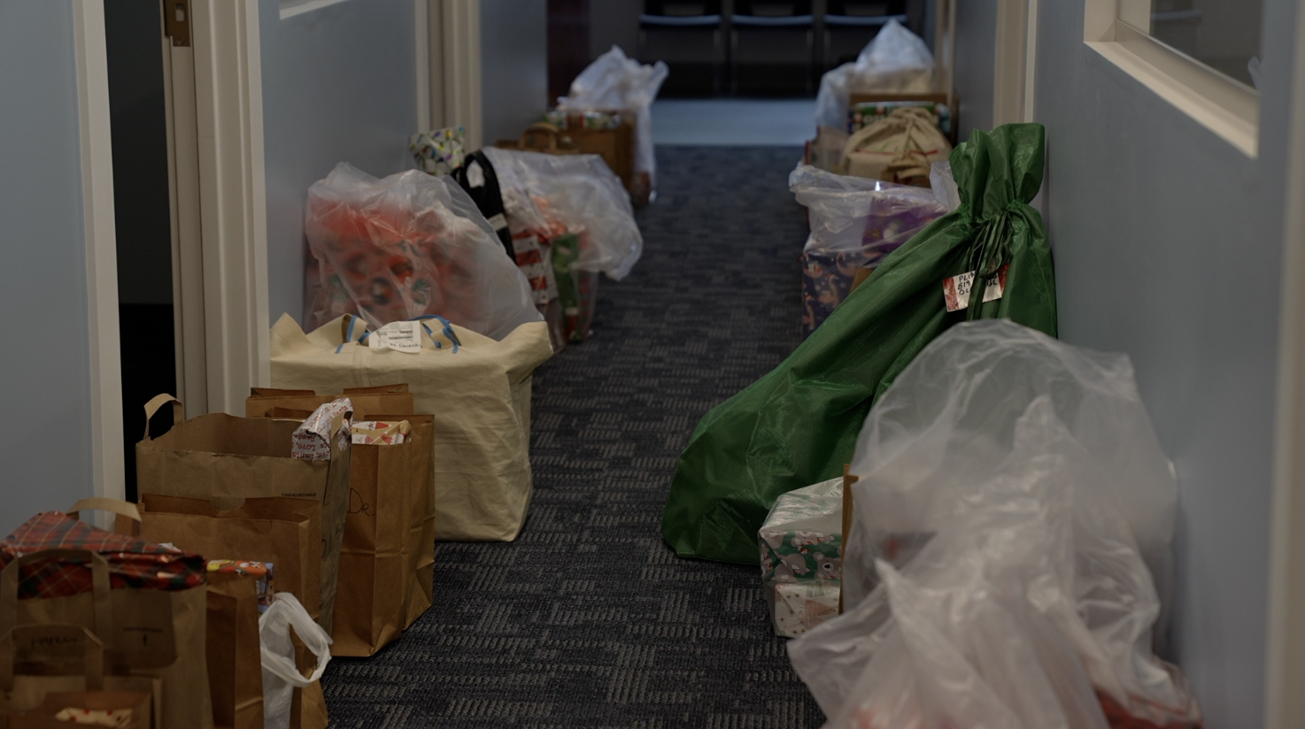 Presents lining the hallway at DeWitt City Hall