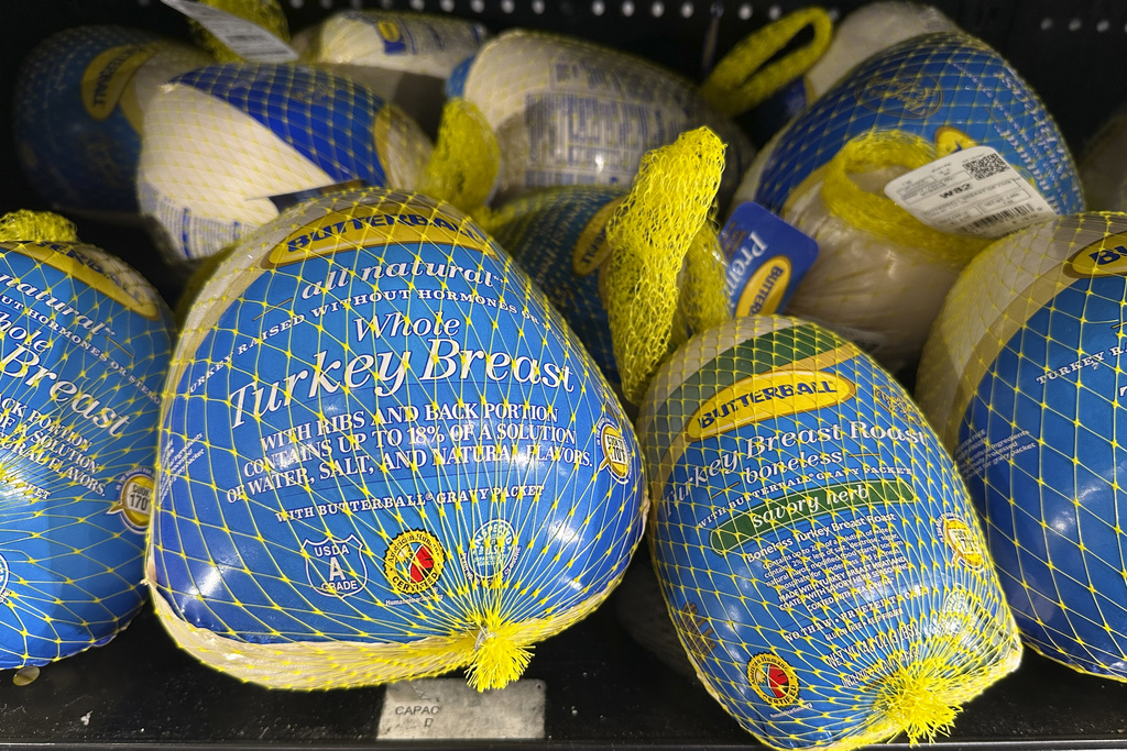 Frozen whole turkey breast is displayed at a Walmart store in Milford, Conn., on Saturday, Nov. 16, 2024. 