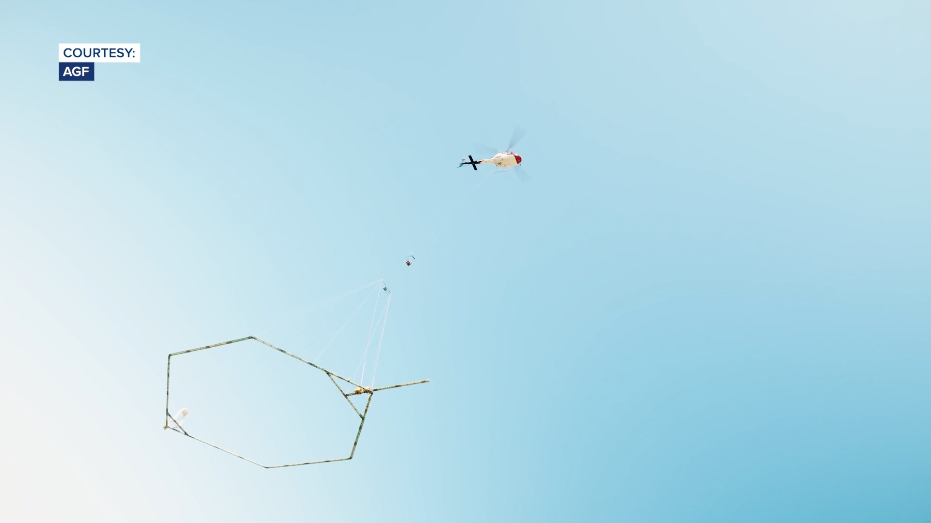 An AEM helicopter flies over 