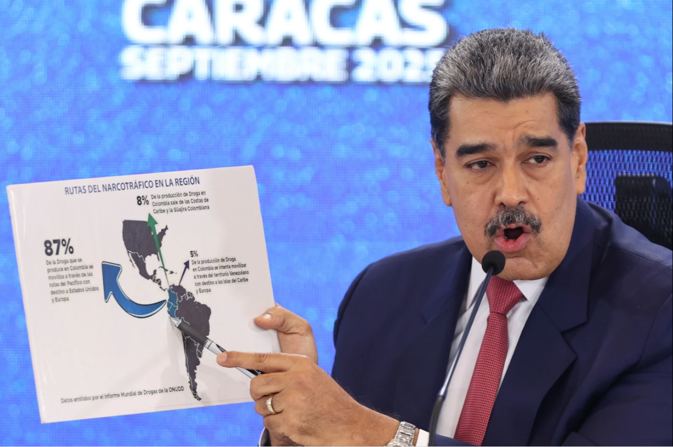 Venezuela’s President Nicolas Maduro points at a map of the Americas during a news conference in Caracas, Venezuela, Sept 15, 2025.