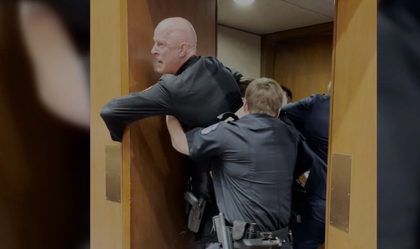 Brian McGinnis being taken out of a hearing at the U.S. Capitol.