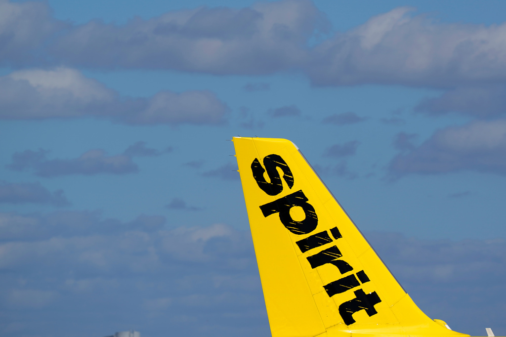 The tail of a Spirit Airlines Airbus A320 is shown as the plane prepares to take off from Fort Lauderdale-Hollywood International Airport, Jan. 19, 2021, in Fort Lauderdale, Fla.