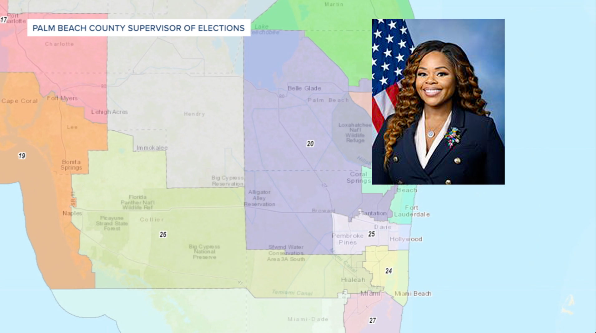 A map of the 20th congressional district accompanied by a picture of U.S. Rep. Sheila Cherfilus-McCormick