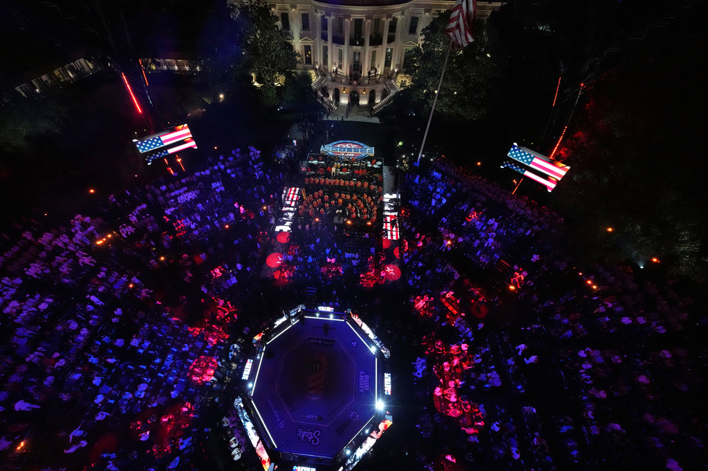 The ring is prepared before Ilia Toupruia fights Justin Gaethje during their lightweight title bout during UFC Freedom 250 on the South Lawn of the White House, Monday June 15, 2026, in Washington.