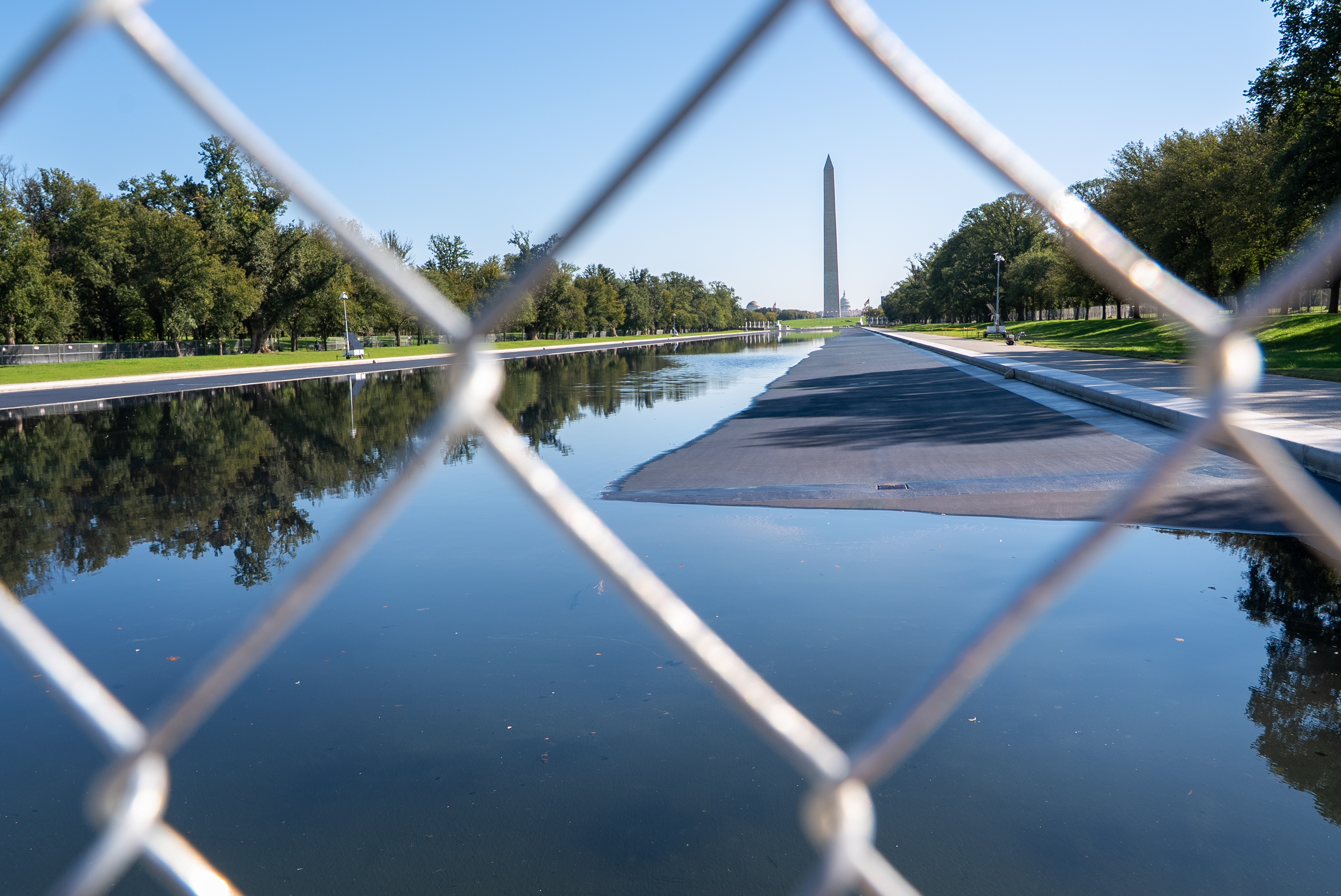 The Lincoln Memorial Reflecting Pool is blocked off to the public, Tuesday, Oct. 13, 2026, in Washington.
