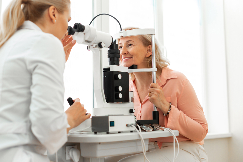 Woman having eye exam.