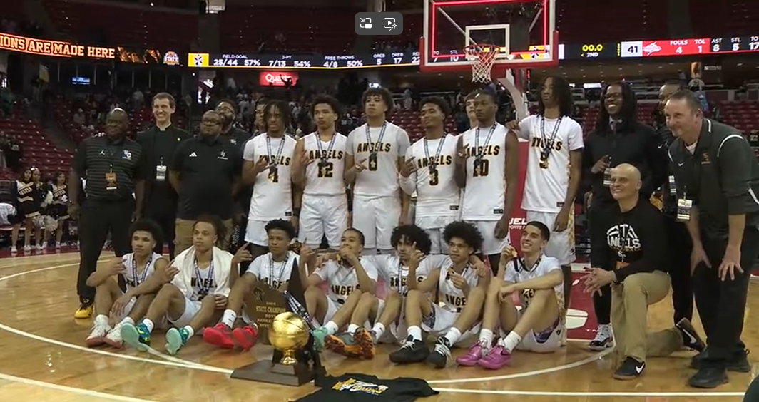 Racine St. Catherine's pose with the WIAA Division 3 boys basketball state title trophy after beating Seymour 61-41 on Saturday, March 21, 2026, at the Kohl Center in Madison.