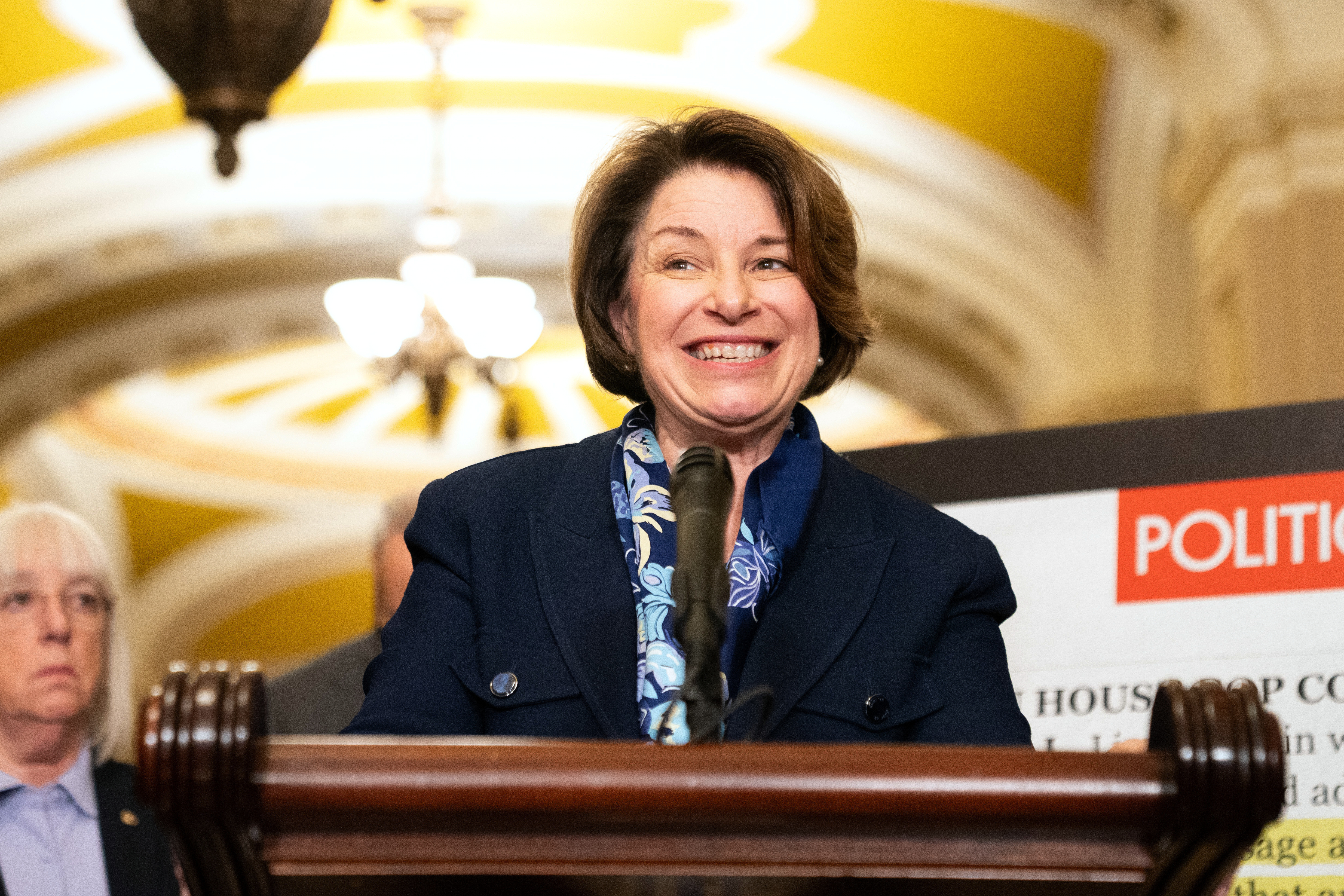 Sen. Amy Klobuchar, D-Minn., speaks to reporters following the weekly Senate luncheon on Capitol Hill in Washington, Tuesday, Oct. 7, 2025. 