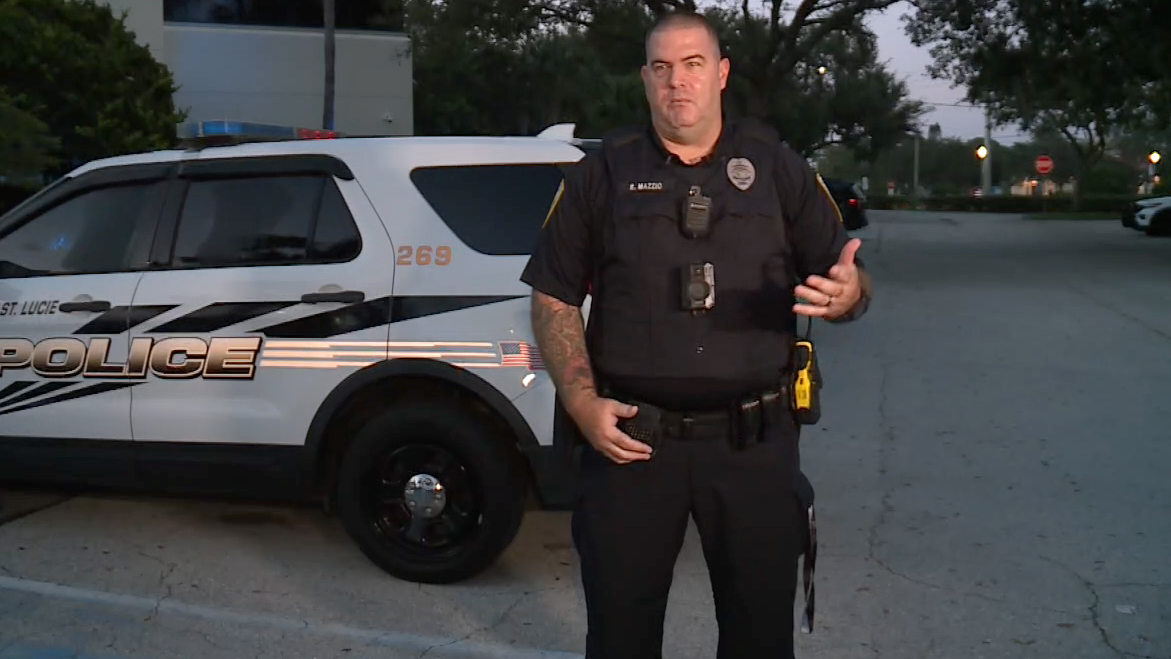 Officer Richard Mazzio speaks about his return to the Port St. Lucie Police Department nine months after he was hit by a car.