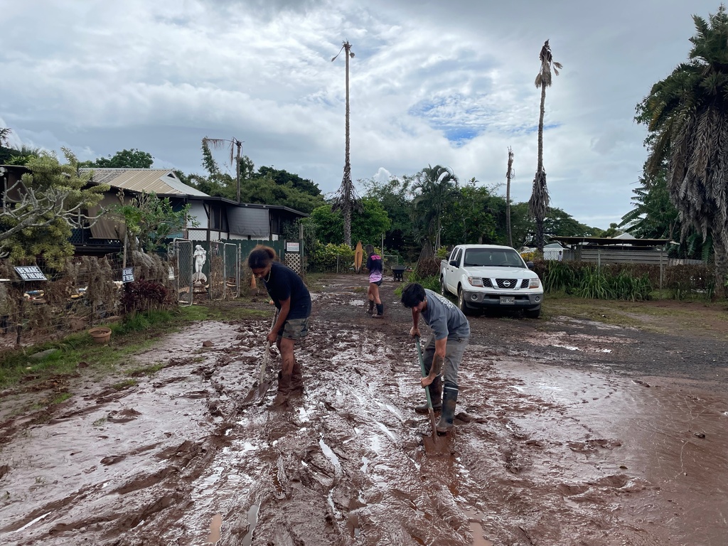 Madison Nahooikaika in the background looking for items lost during the flooding, while in the foreground, her boyfriend, Nuutea Vanbastolaer, and a neighbor shovel out mud, in Haleiwa, Hawaii, on Saturday, March 21, 2026.  