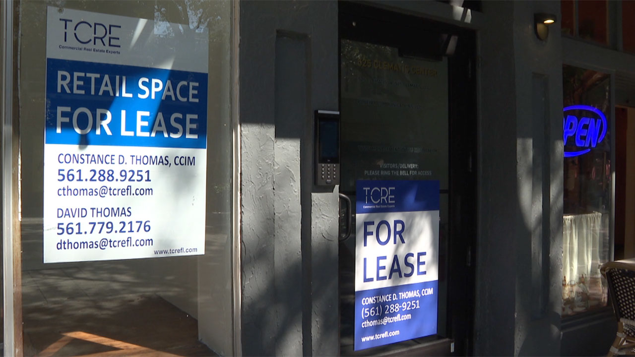 For Lease sign on building along Clematis Street in downtown West Palm Beach on Oct. 31, 2025