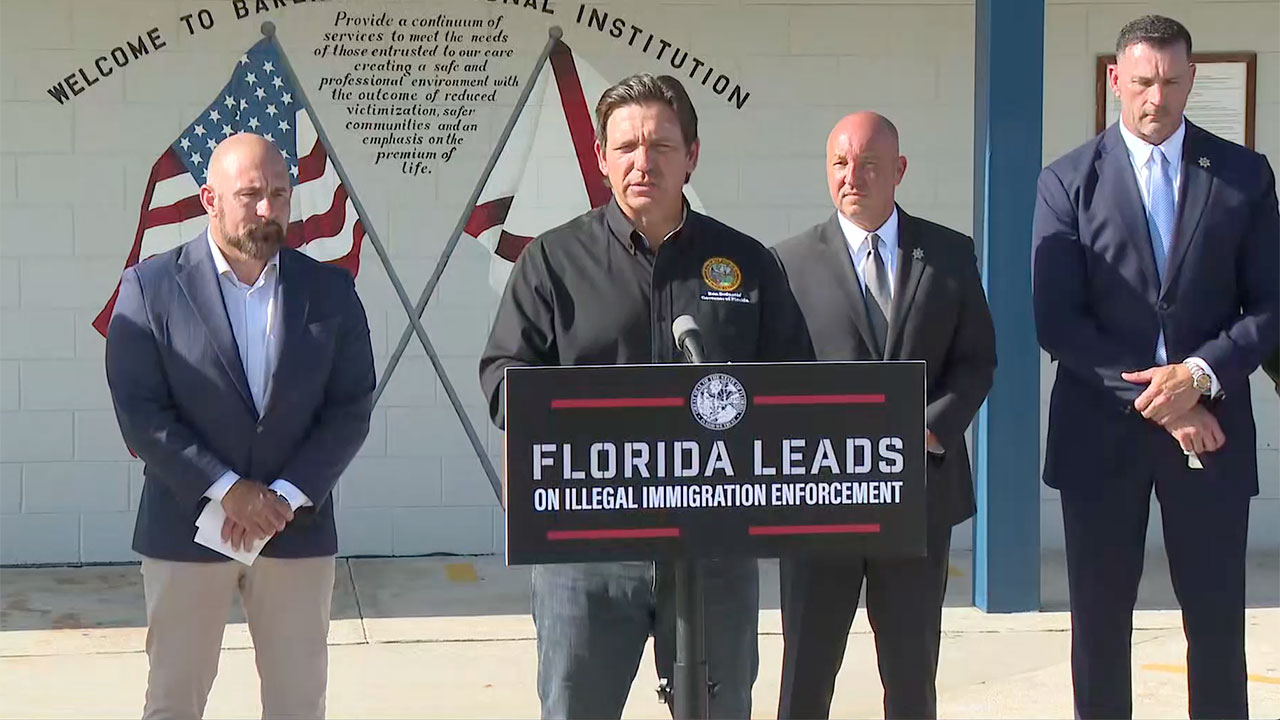 Gov. Ron DeSantis speaks at the Baker Correctional Institution on Aug. 14, 2025, to announce a second detention center, dubbed "Deportation Depot."