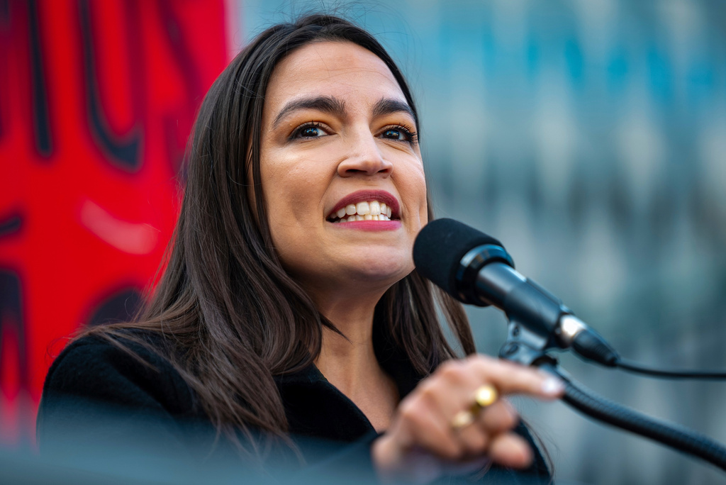 FILE - Rep. Alexandria Ocasio-Cortez, D-N.Y., speaks at the NYCLU's May Day rally for worker's and immigrants rights at Foley Square, May 1, 2025, in New York.