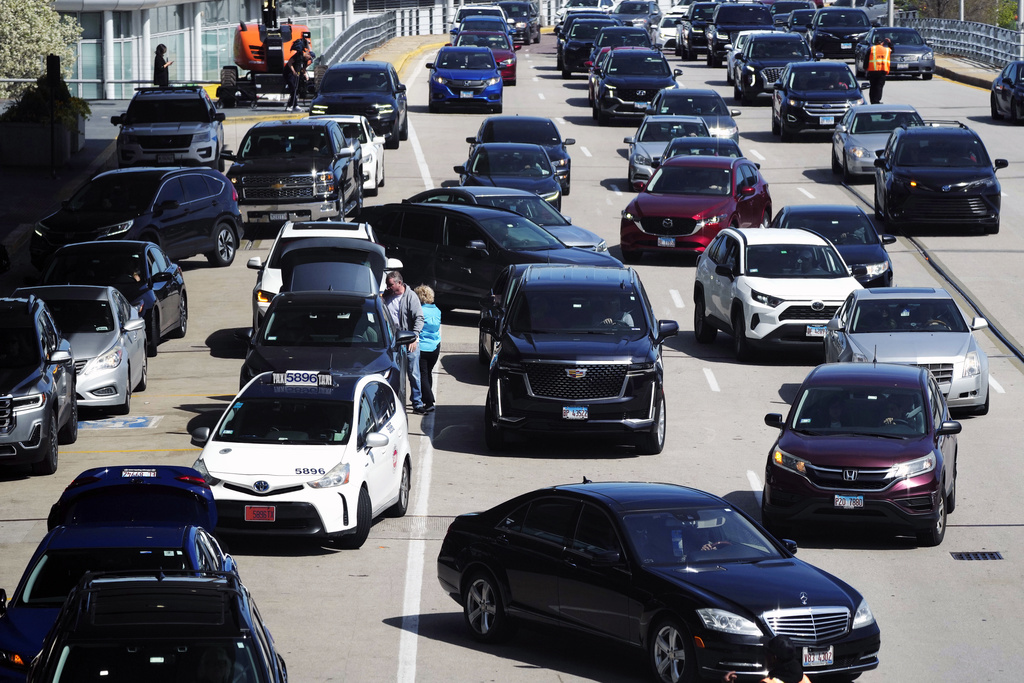 Heavy traffic is seen at O'Hare International Airport in Chicago, Monday, April 15, 2024. 
