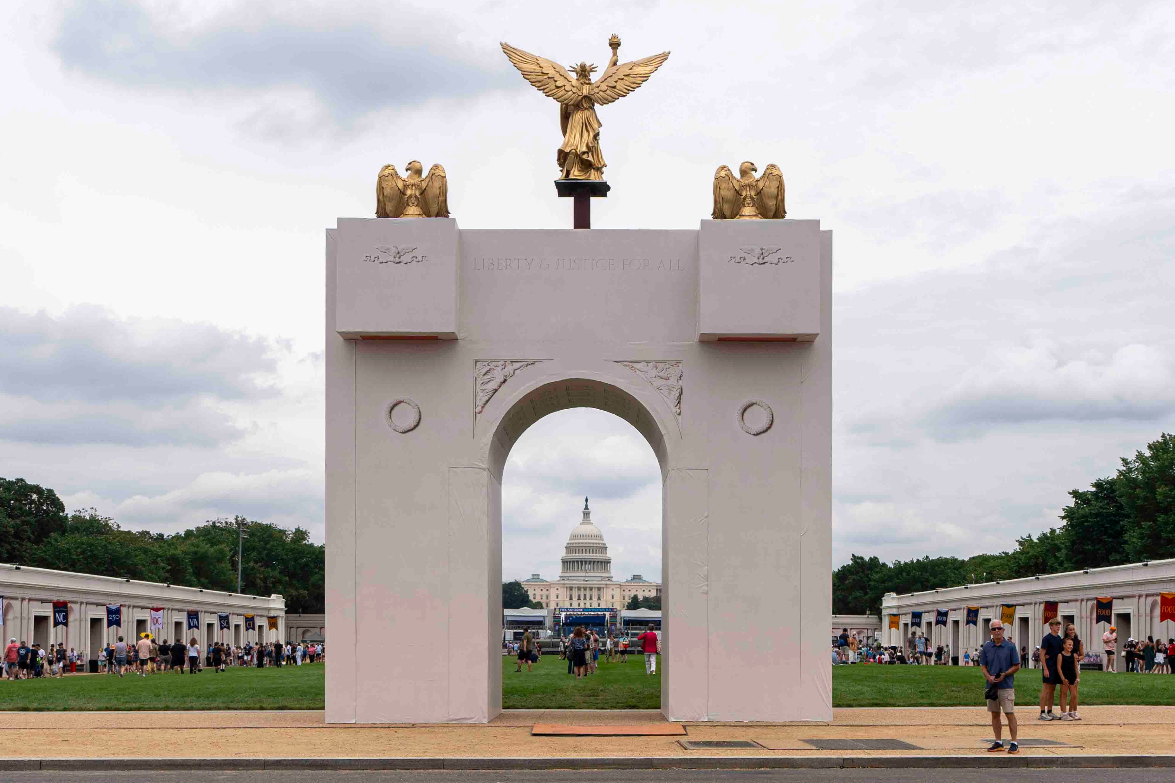 FILE - A mockup of President Donald Trump's proposed triumphal arch stands at the Great American State Fair on the National Mall, June 27, 2026, in Washington.