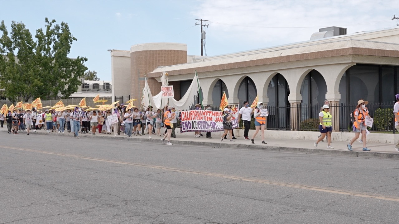 Nearly 200 protesters march against ICE detention conditions in largest demonstration in four years