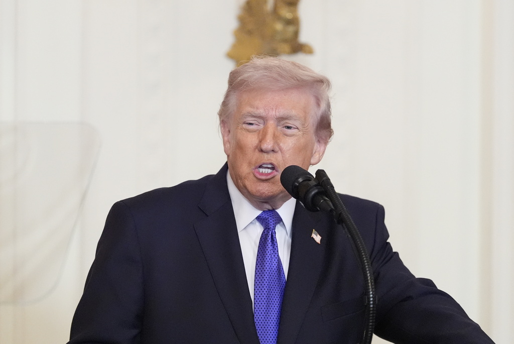 President Donald Trump speaks about Iran before a Medal of Honor ceremony in the East Room of the White House, Monday, March 2, 2026, in Washington. 