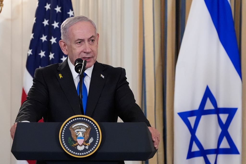 Israel's Prime Minister Benjamin Netanyahu speaks during a news conference with President Donald Trump.