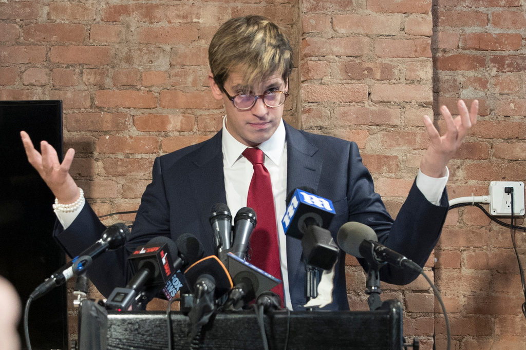 FILE - Milo Yiannopoulos speaks during a news conference in New York, Feb. 21, 2017. 