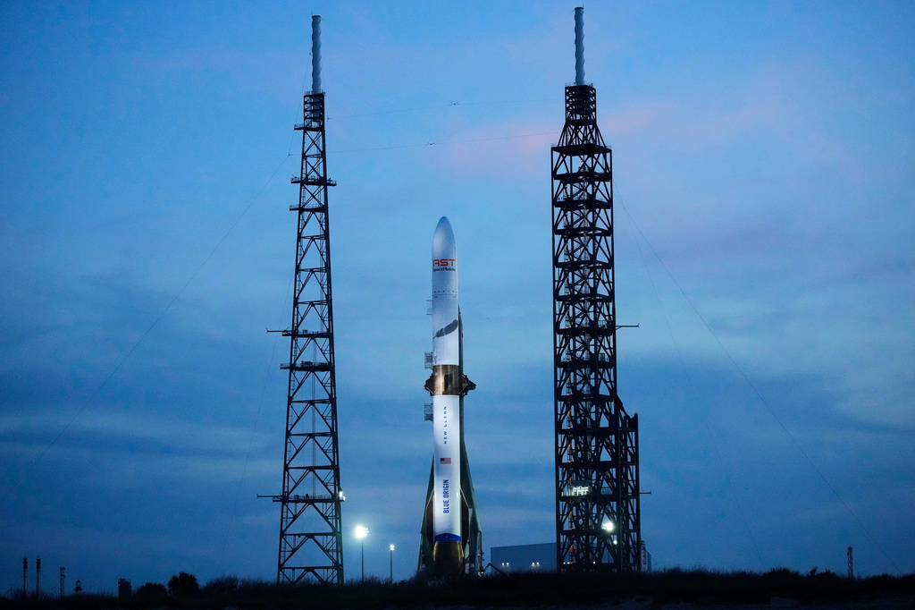 A Blue Origin New Glenn rocket stands ready for launch at the Cape Canaveral Space Force station in Cape Canaveral, Fla., April 18, 2026. 