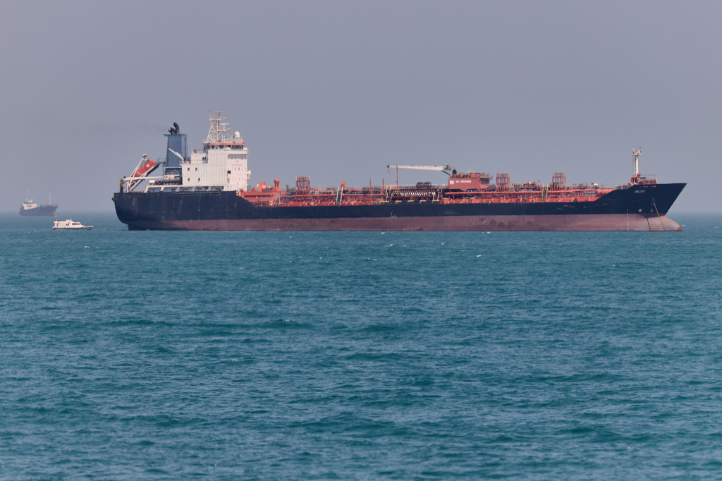 An oil tanker sits at anchor in the Strait of Hormuz off Bandar Abbas, Iran, Saturday, May 2, 2026.