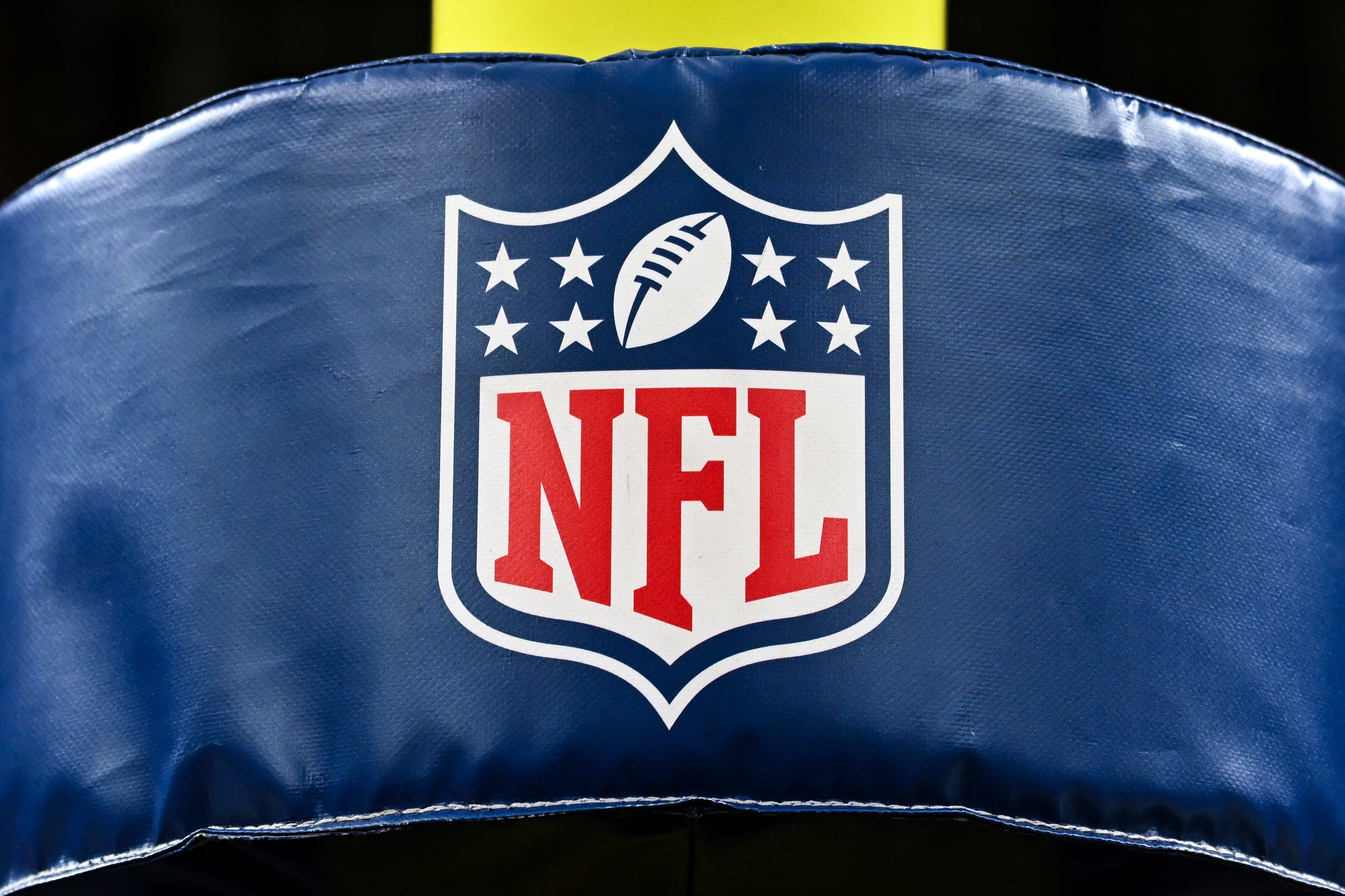 A detail view NFL shield logo seen prior to an NFL football game between the Houston Texans and the New York Giants in Houston, Sunday, Oct. 25, 2026.