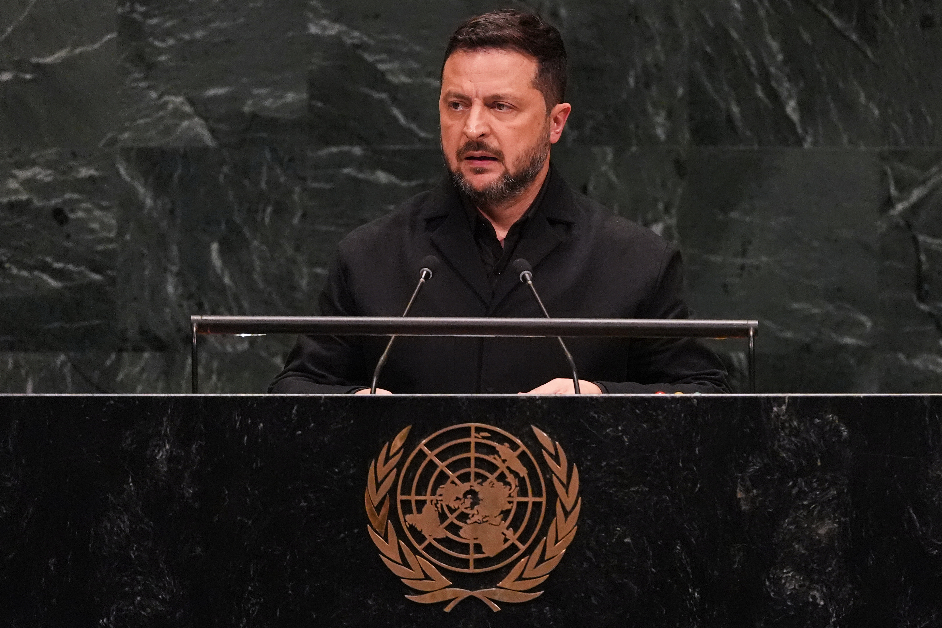 Ukraine's President Volodymyr Zelenskyy speaks during the 81st session of the United Nations General Assembly at United Nations headquarters, Wednesday, Sept. 23, 2026.