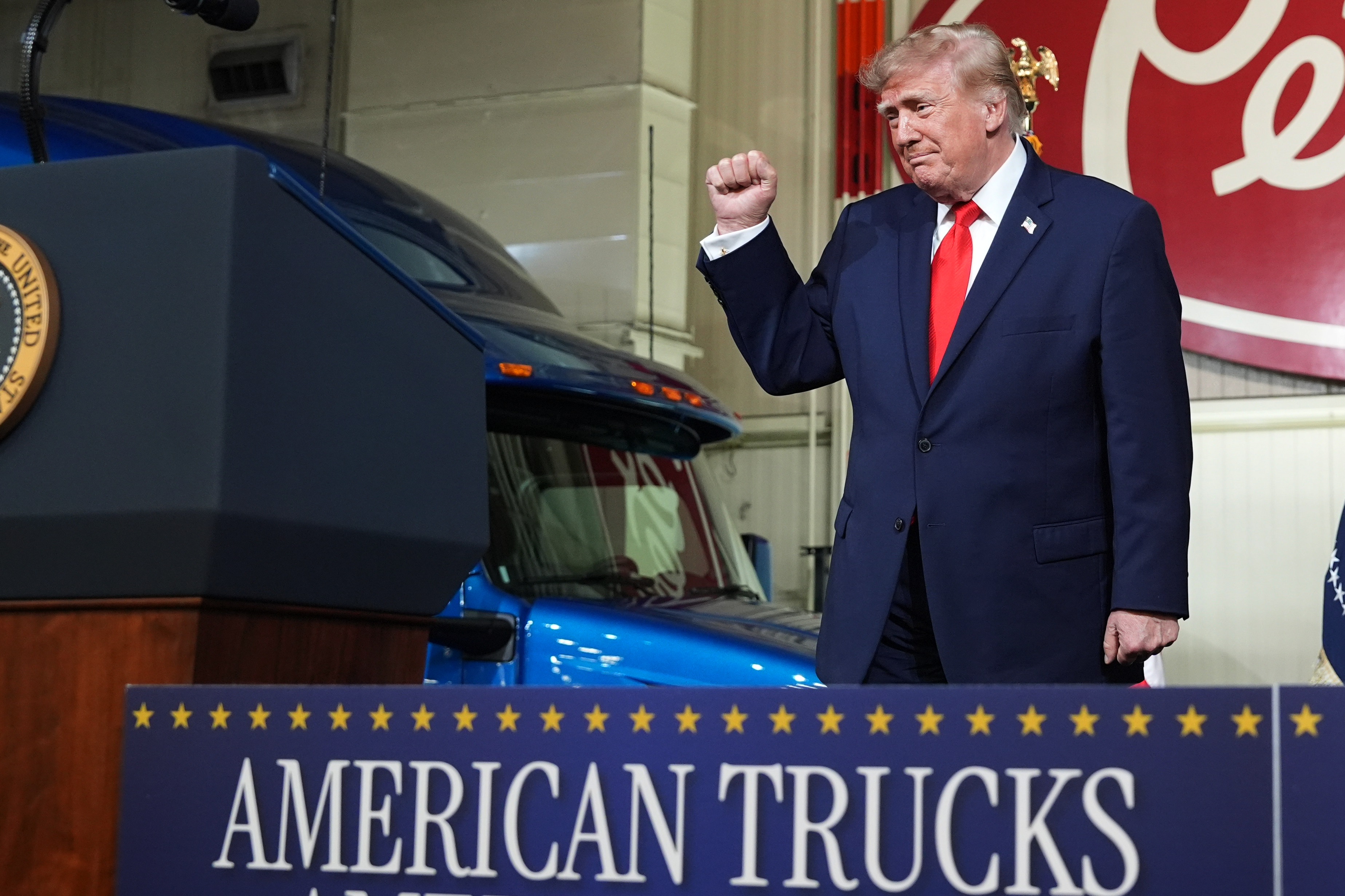President Donald Trump gestures after speaking at Peterbilt Motors, Thursday, Oct. 1, 2026, in Denton, Texas.