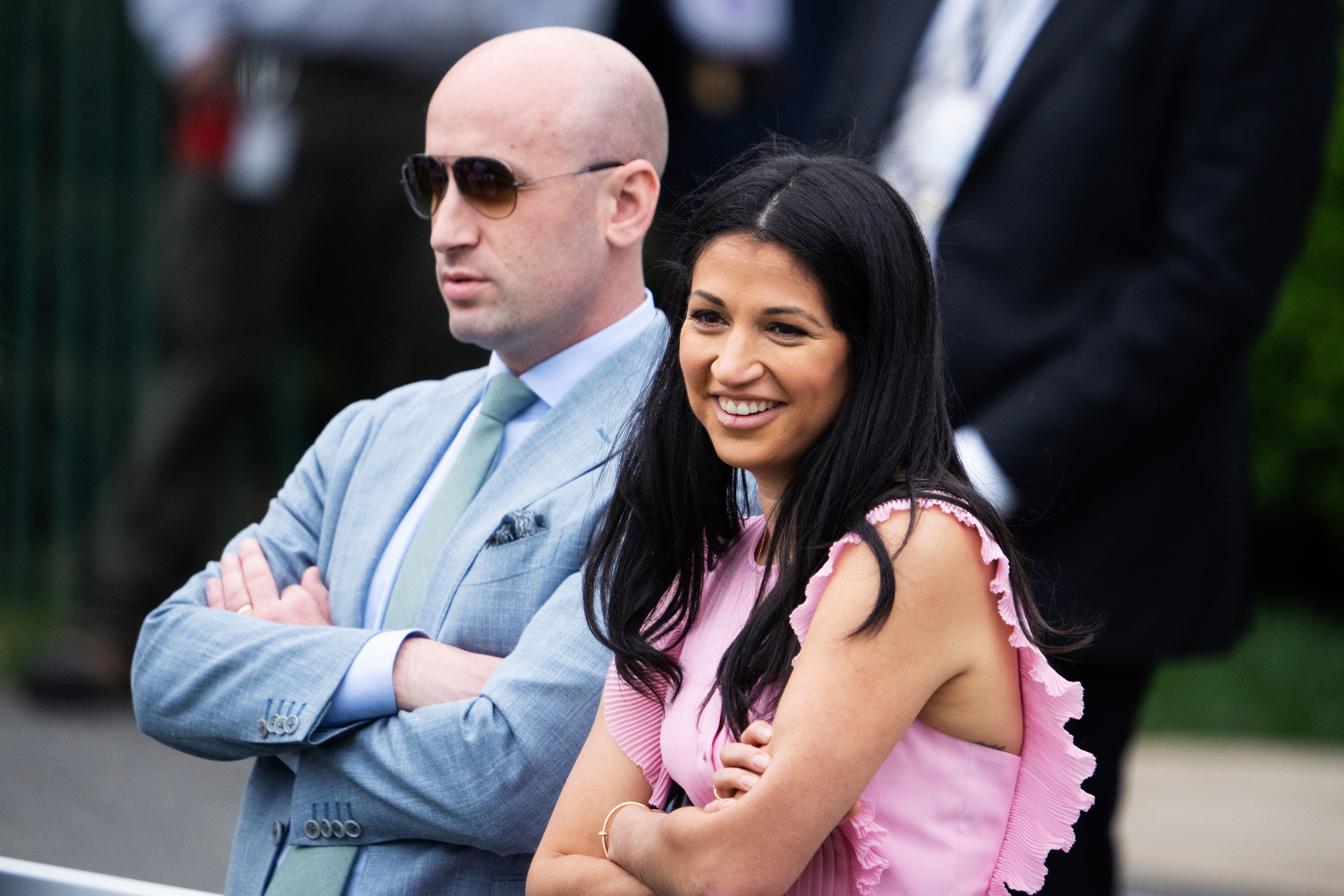 Stephen Miller, White House deputy chief of staff, and his wife, Katie Miller, attend the White House Easter Egg Roll on Monday, April 21, 2025.
