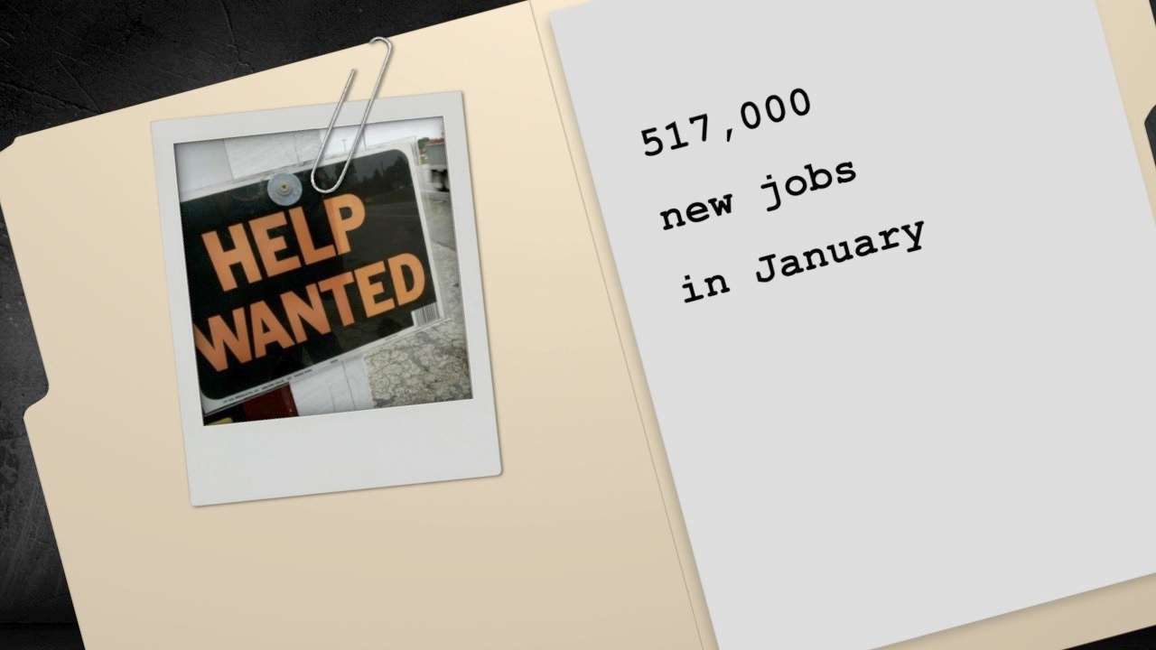 U.S. jobs report shows employers added 517,000 jobs in January