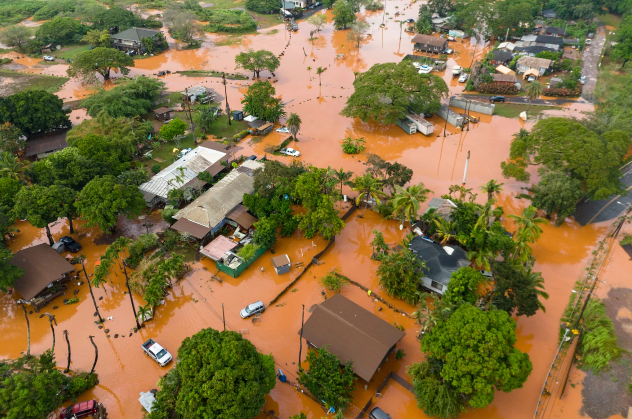 Flooding covers a residential neighborhood in Waialua, Hawaii, Friday, March 20, 2026.