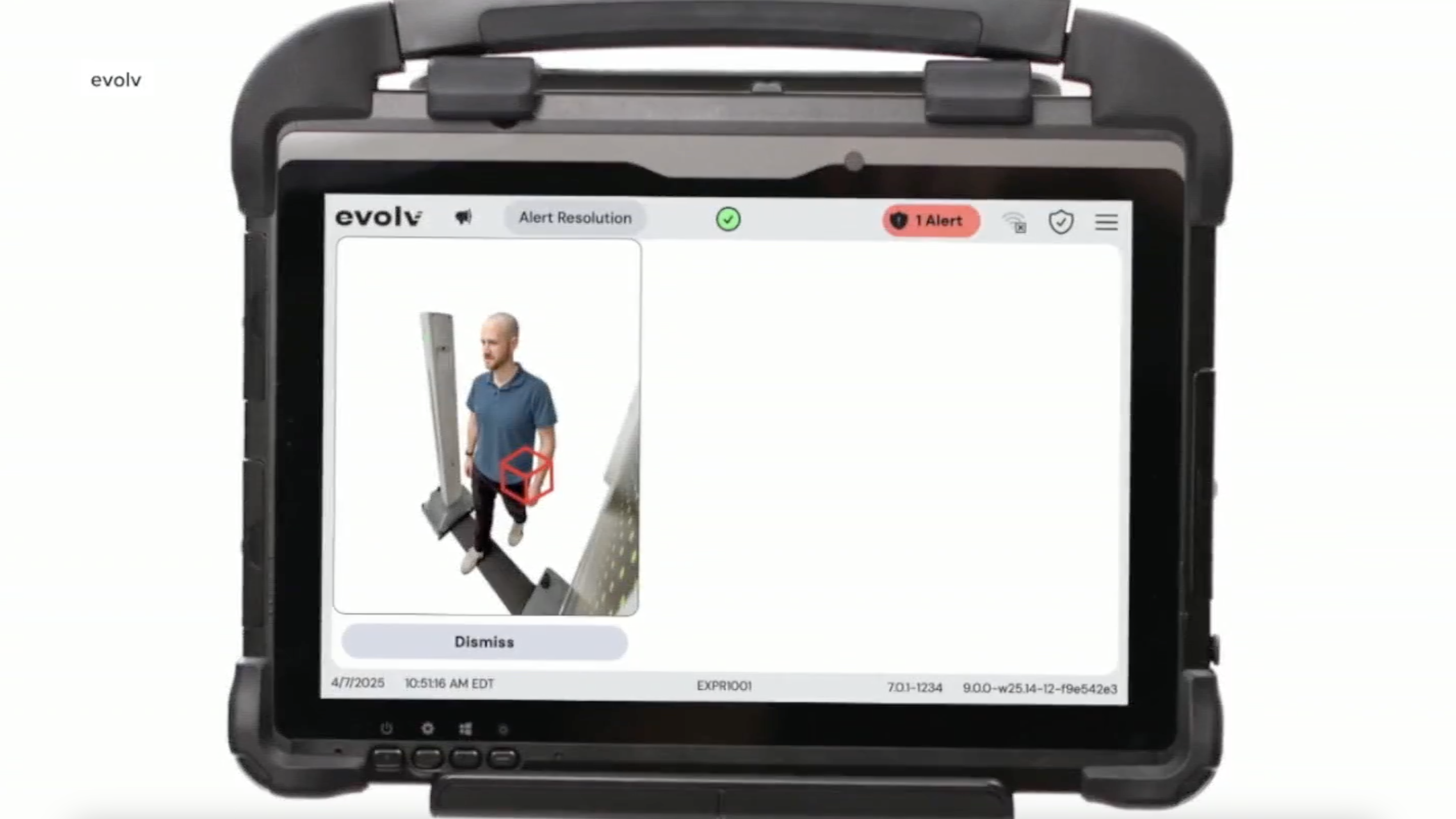 This screenshot shows Evolv Technology's advanced security detection system in use.