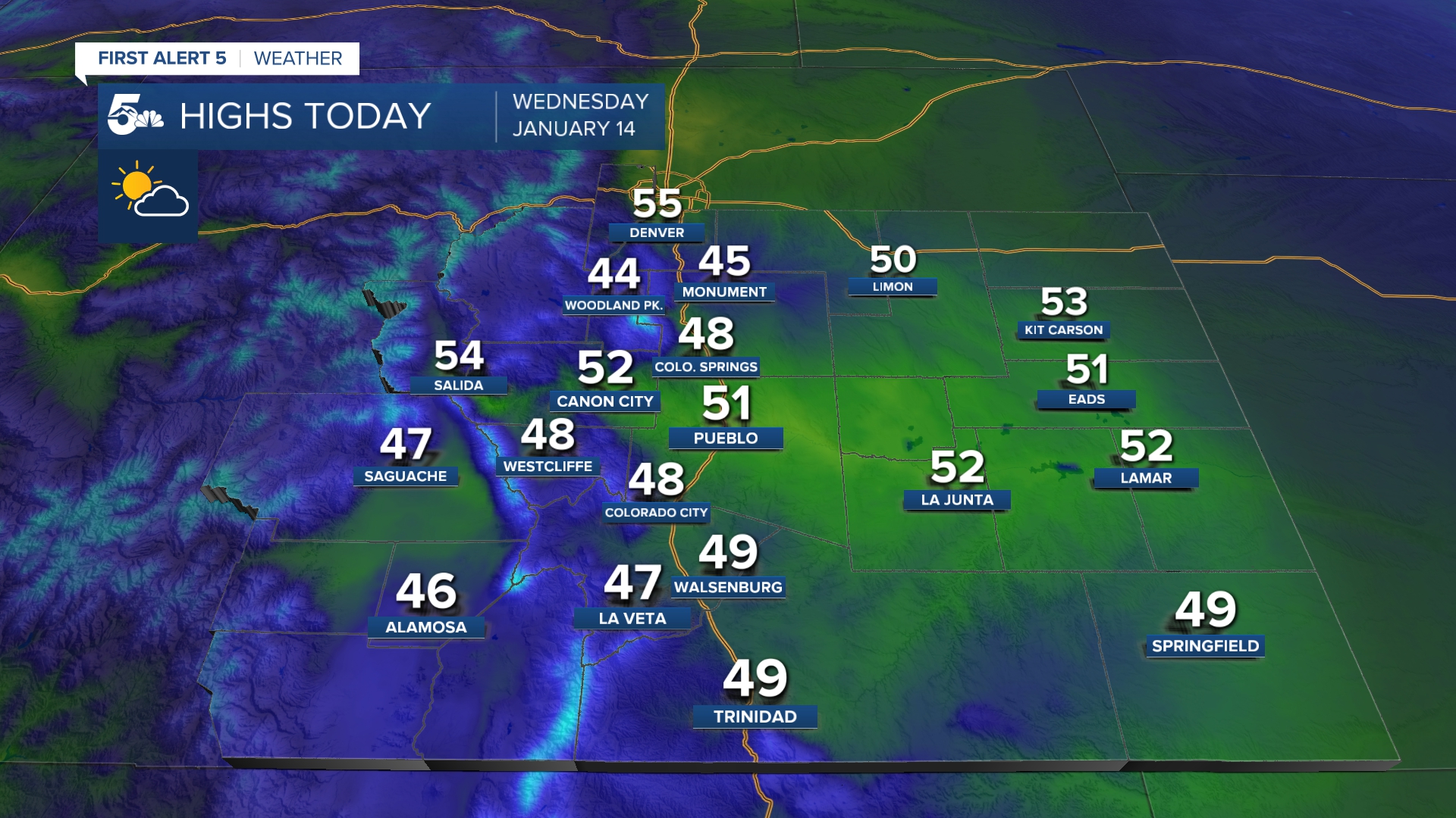 High temperatures in southern Colorado on Wednesday, January 14th 2026