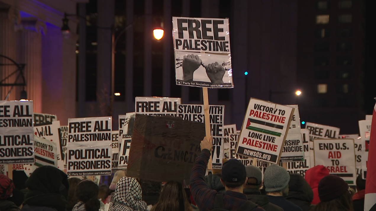 Pro-Palestinian group gathers in Downtown Denver to protest President Biden