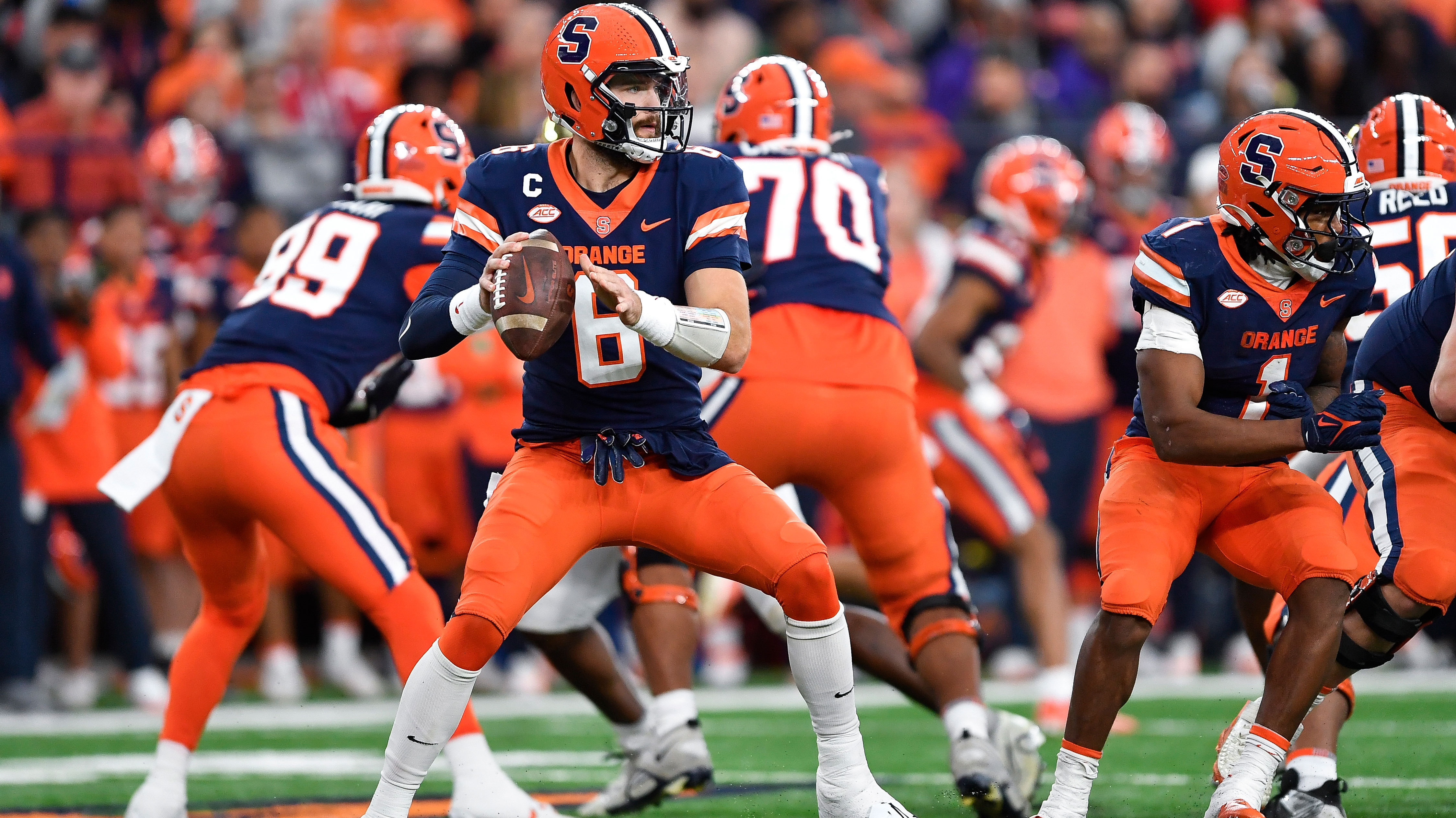 Syracuse quarterback Garrett Shrader (6) looks to pass during the first half of an NCAA college football game against Wake Forest in Syracuse, N.Y., Saturday, Nov. 25, 2023.