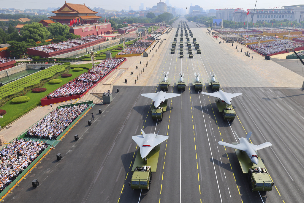 Drones and other armament formations pass during the military parade to commemorate the 80th anniversary of the end of World War II  held in front of Tiananmen Gate in Beijing.